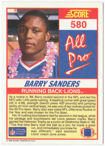 1990 Score Football #580 Barry Sanders All Pro