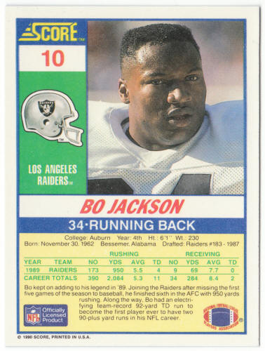 1990 Score Football #10 Bo Jackson