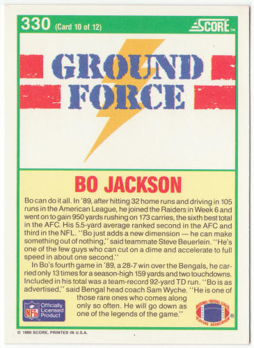 1990 Score Football #330 Bo Jackson Ground Force