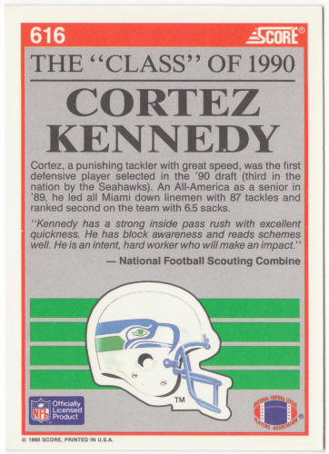 1990 Score Football #616 Cortez Kennedy Rookie Card