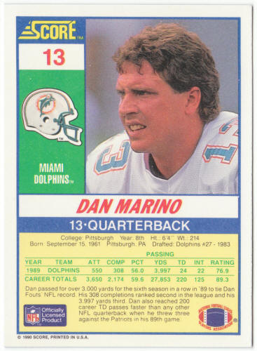 1990 Score Football #13 Dan Marino