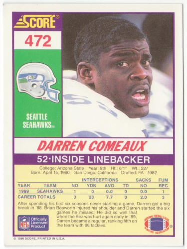 1990 Score Football #472 Darren Comeaux Rookie Card