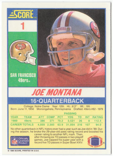 1990 Score Football #1 Joe Montana