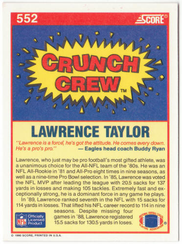 1990 Score Football #552 Lawrence Taylor Crunch Crew