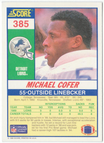 1990 Score Football #385 Michael Cofer Error