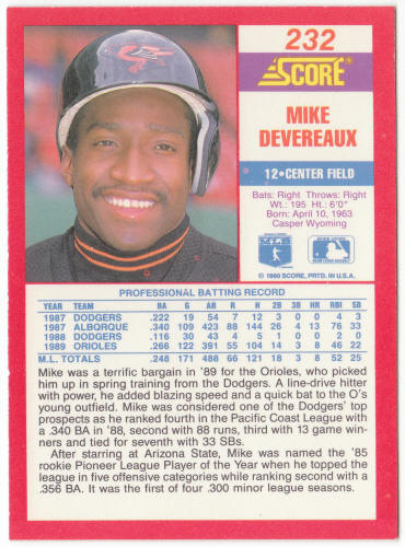 1990 Score Baseball #232B Mike Devereaux Correct