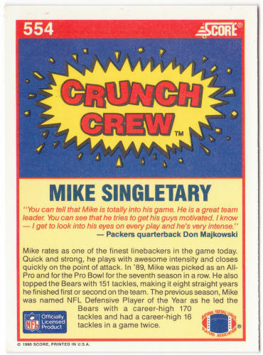 1990 Score Football #554 Mike Singletary Crunch Crew