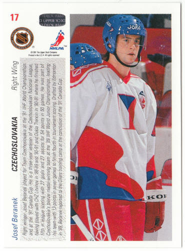 1991-92 Upper Deck Hockey #17 Josef Beranek Rookie Card