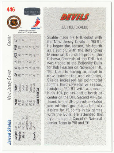 1991-92 Upper Deck Hockey #446 Jarrod Skalde Rookie Card