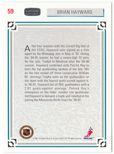 1991-92 Upper Deck Hockey #59 Brian Hayward