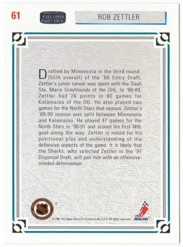 1991-92 Upper Deck Hockey #61 Rob Zettler