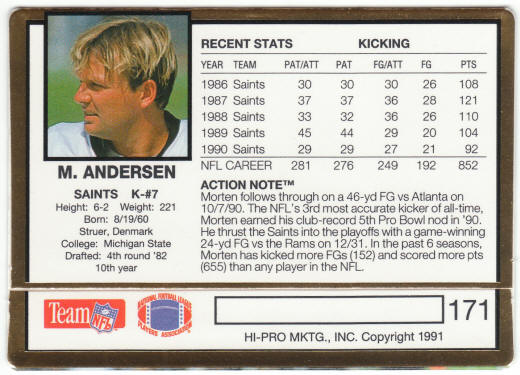 1991 Action Packed Football #171 ERR Morten Andersen