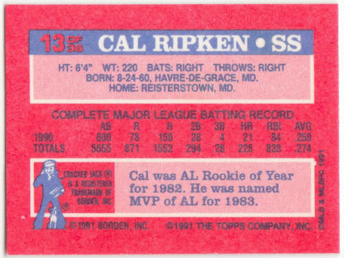 1991 Cracker Jack Topps Baseball #13 Cal Ripken Jr.