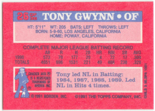 1991 Cracker Jack Topps Baseball #26 Tony Gwynn