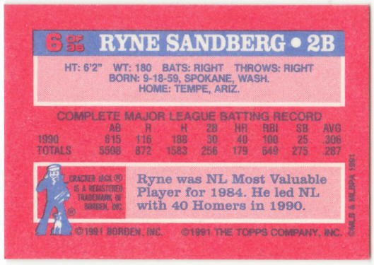 1991 Cracker Jack Topps Baseball #6 Ryne Sandberg