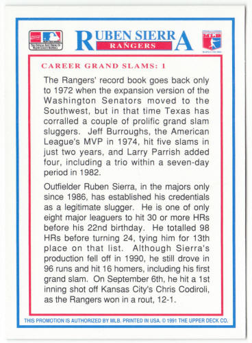 1991 Denny's Upper Deck Baseball #21 Ruben Sierra