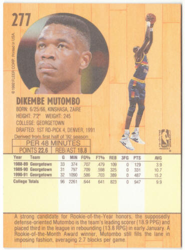 1991-92 Fleer Basketball #277-B Dikembe Mutombo Rookie Card