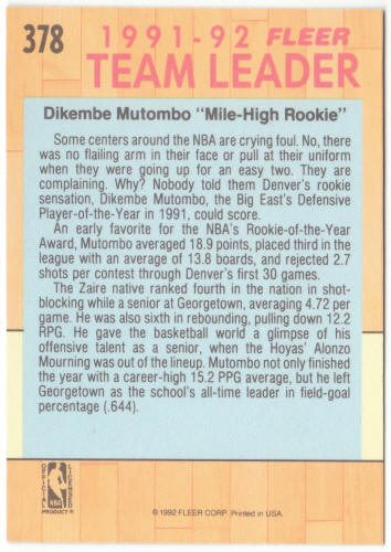 1991-92 Fleer Basketball #378 Dikembe Mutombo Team Leader