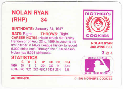 1991 Mothers Cookies 300 Wins Baseball #3 Nolan Ryan