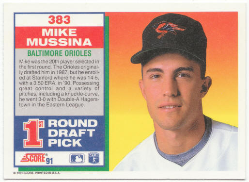 1991 Score Baseball #383 Mike Mussina Rookie Card