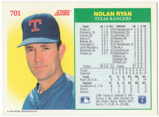 1991 Score Baseball #701 Nolan Ryan No-Hit Club