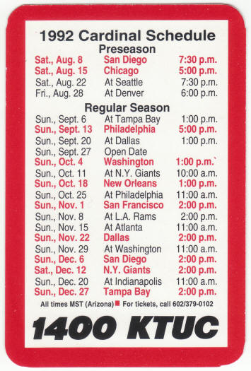 1992 Phoenix Cardinals Schedule Anthony Thompson Promo Card