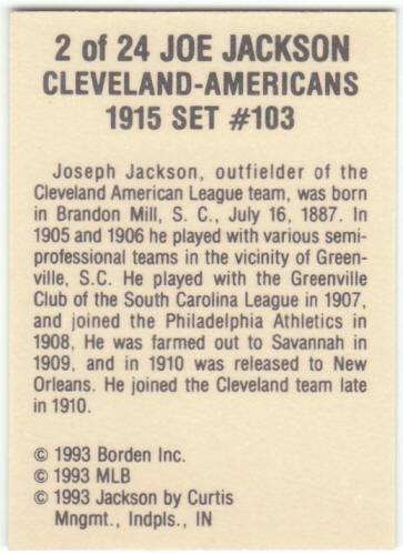 1993 Cracker Jack Baseball 1915 Reprints #2 Joe Jackson