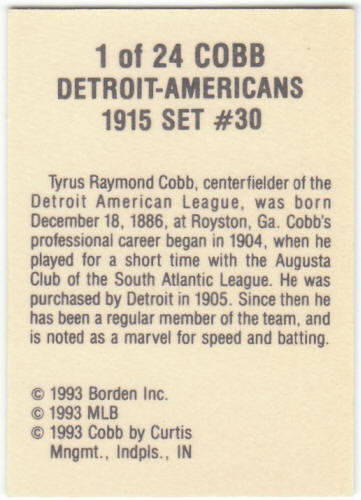 1993 Cracker Jack Baseball 1915 Reprints #1 Ty Cobb