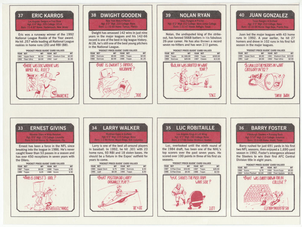 1993 Sports Card Price Guide Monthly Uncut Sheet #33 - 40