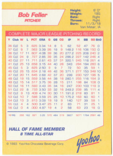 1993 Yoo-Hoo Baseball Legends Bob Feller
