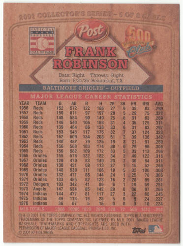 2001 Post Cereal 500 Home Run Club Baseball #5 Frank Robinson