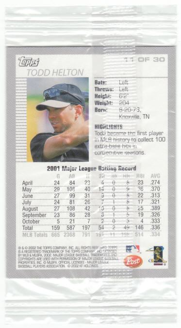 2002 Post Cereal Topps Baseball Todd Helton