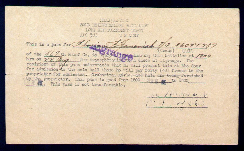 82nd Battalion Algrange Day Pass 1945