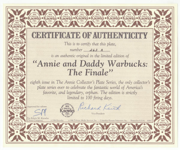 Annie Collectors Plate 8 COA