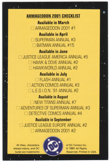 1991 DC Armageddon 2001 Promo Card back