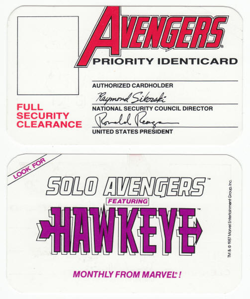 1987 Marvel Avengers Priority Identicard