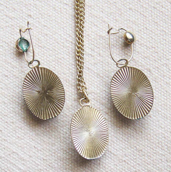 Faux Black Lava Stone Necklace Earrings Set backs