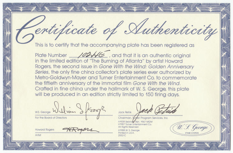 Gone With The Wind Golden Anniversary Plate 2 COA
