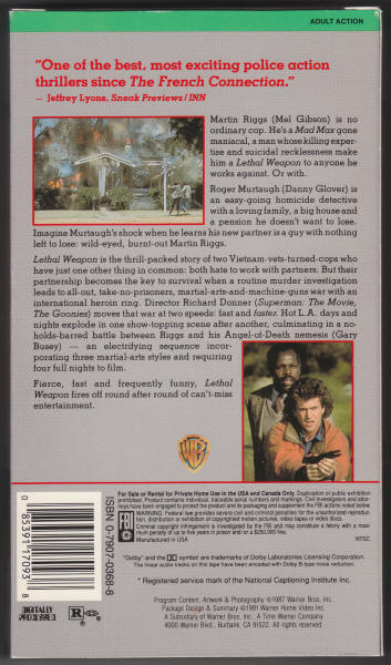 Lethal Weapon VHS Tape box back