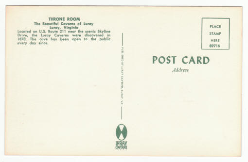 Luray Caverns Throne Room Post Card