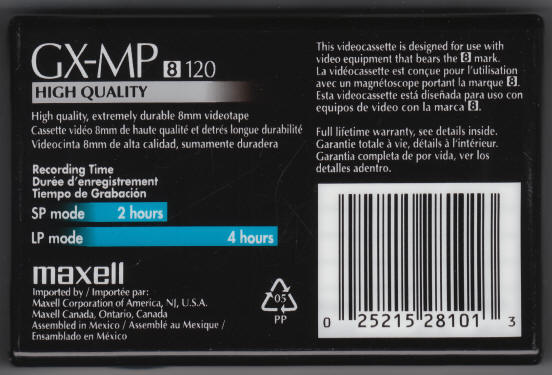 Maxell 8mm GX-MP 120 Camcorder Videotape back