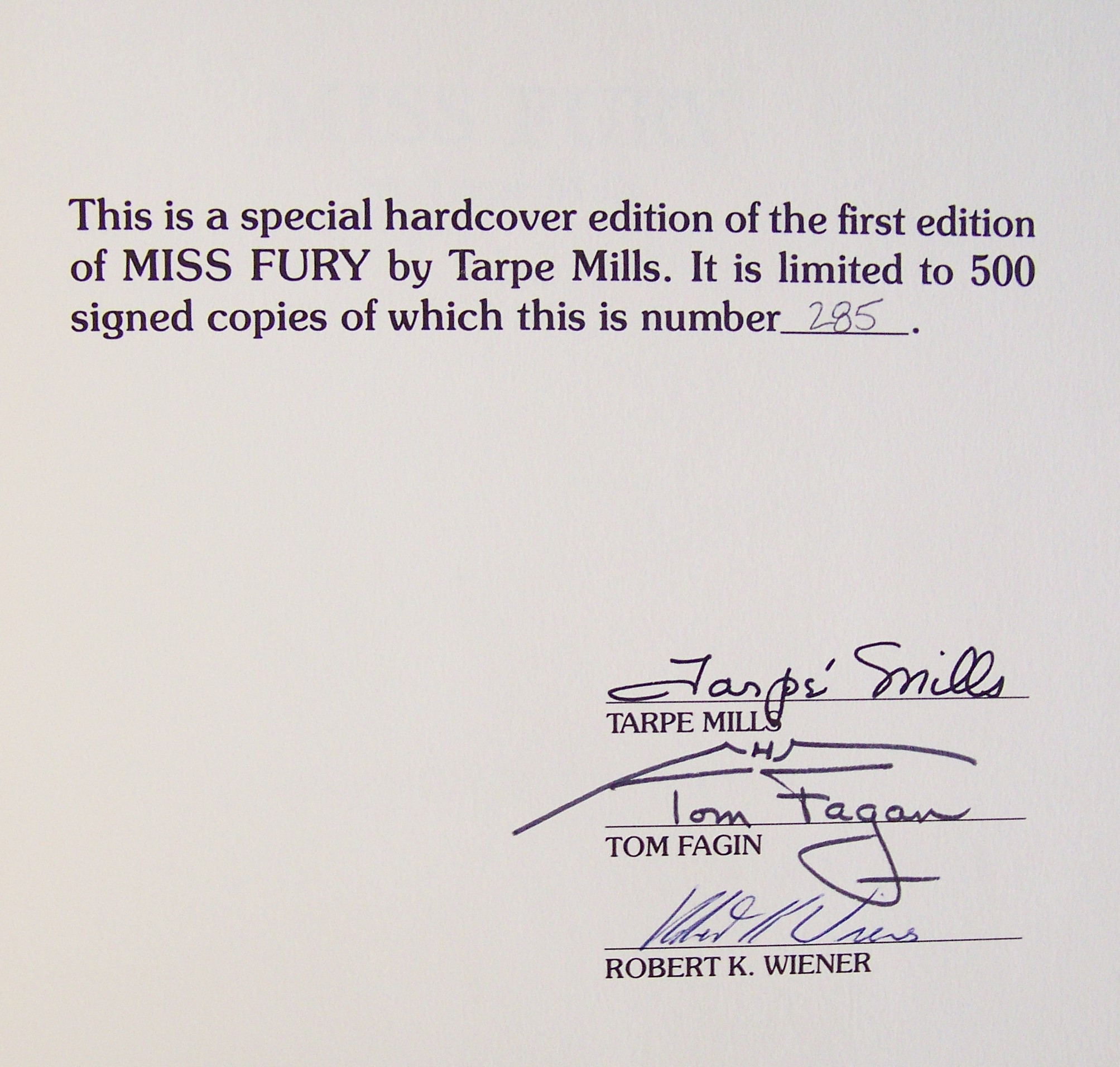 Miss Fury Signed Numbered Limited Edition Signature Page