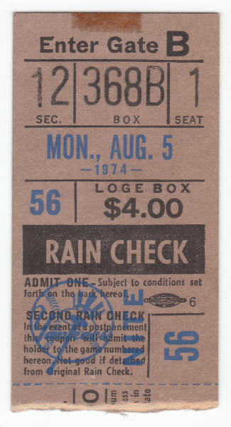 New York Yankees August 1974 Ticket Stub
