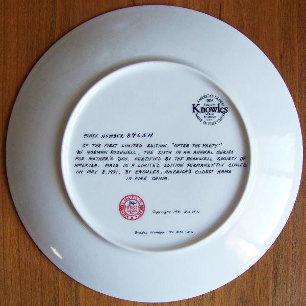 Norman Rockwell Mothers Day Plate 1981 back