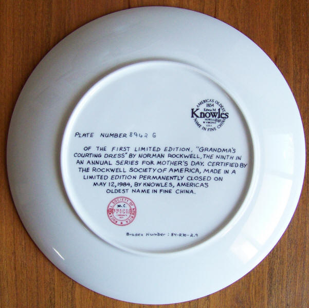 Norman Rockwell Mothers Day Plate 1984 back