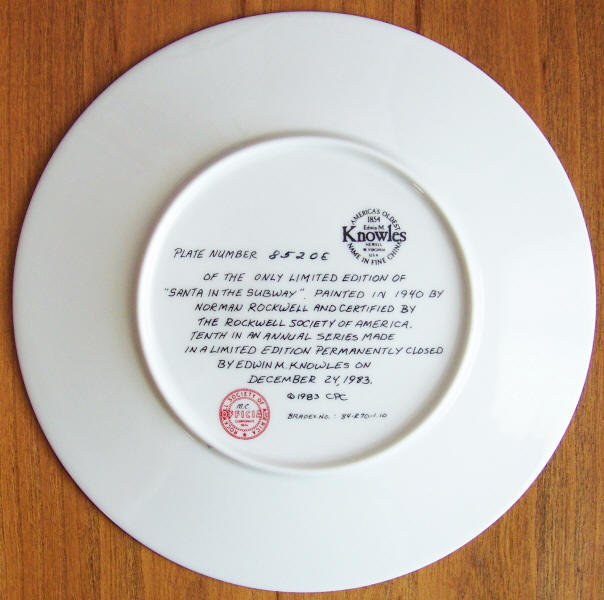 Rockwell Society Christmas Annual 1983 Plate back