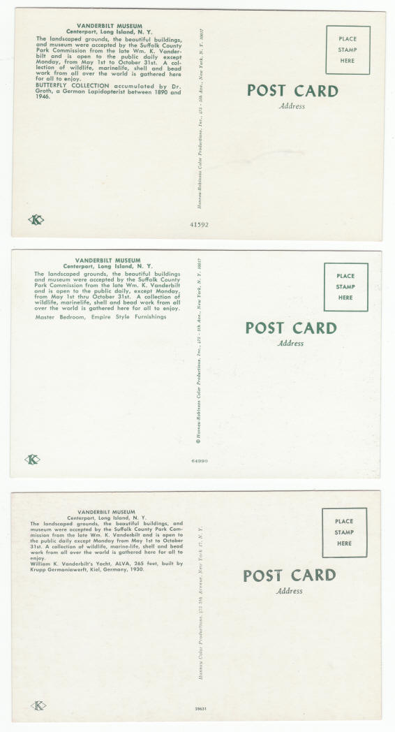 Vanderbilt Museum Mansion Post Cards Centerport NY 1960s