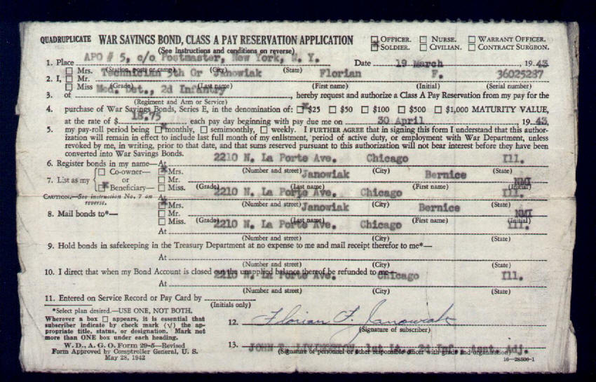 World War II Savings Bond Application 1943
